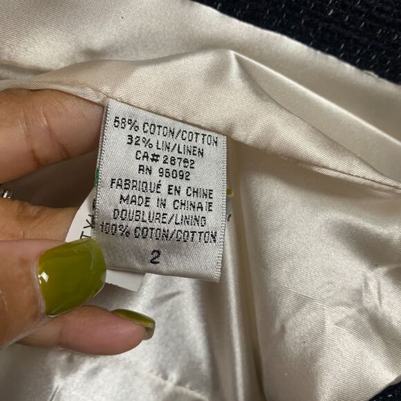 KATHERINE BARCLAY Navy Blue Tweed Cotton Linen Lined Blazer Jacket Size 2 Chic - Picture 6 of 7